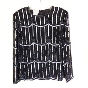 Vintage Ste'nay Black Top LS Silk Chiffon Silver Sequins Bead Design M‎